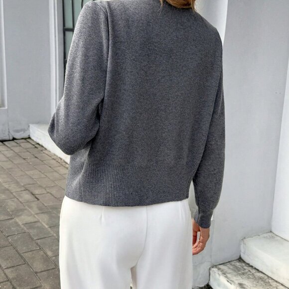 Grey Casual Women's Scarf detailed button down knit Sweater - Picture 3 of 8